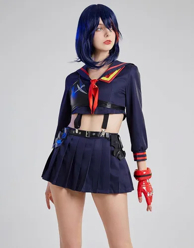 Vista 2 de Miccostumes Conjunto de camisa y falda de manga larga para cosplay de anime para mujer