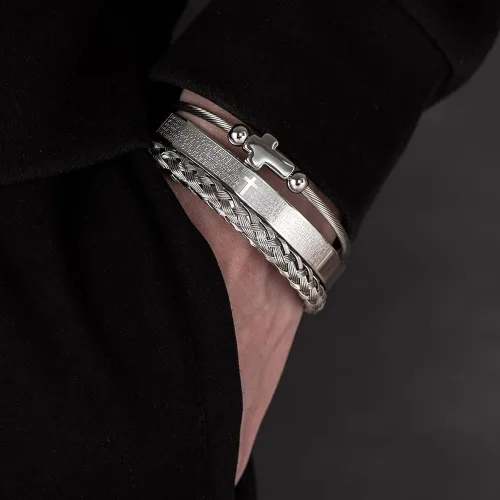 Vista 5 de Juego de pulseras de acero inoxidable Hip Hop para hombre joyería de cruz con dije abierto talla de la Escritura española JX5EU cruz plateada juego A