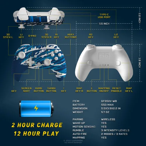 Vista 2 de Gefunon Switch Controller, Wireless Pro Controller Compatible with Nintendo SwitchLiteOLED, Water Breathing Edition Anime Game Control with Turbo