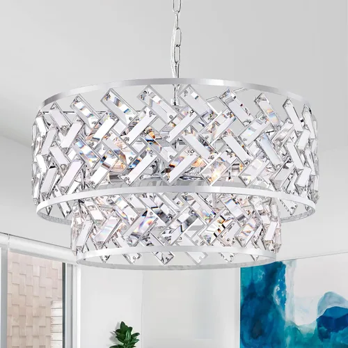 Vista 16 de CATINER - Candelabro de cristal dorado de 18 pulgadas, colgante semiempotrado de 6 luces grande dorado