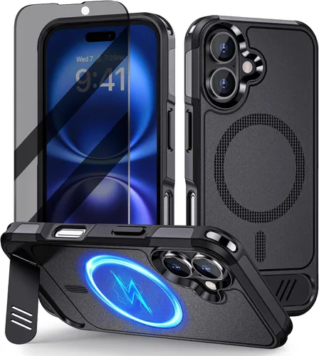 Vista 8 de Lanhiem Funda magnética para iPhone 16 Pro Max, [protector de pantalla de privacidad antiespía] protección contra caídas de grado mil, soporte