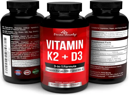 Vista 4 de Divine Bounty Vitamina K2 (MK7 y MK4) con suplemento D3 – Vitamina K y D como MK-7 100mcg, MK-4 500mcg y 5000 UI de vitamina D3 3 en 1 fórmula