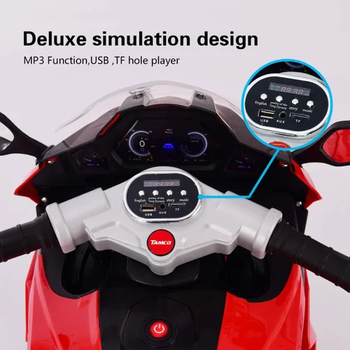Vista 5 de TAMCO Motocicleta para niños, 3 ruedas parpadeantes, juguete eléctrico de paseo en juguete, motocicleta infantil de 12 V (rojo)
