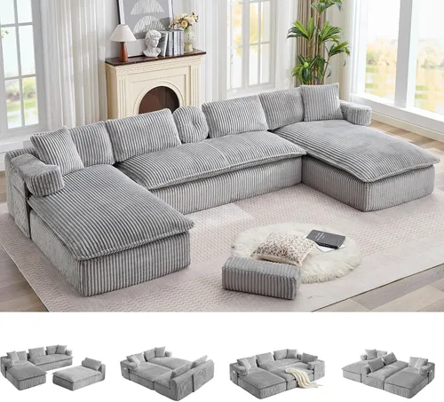 Vista 16 de Sofá grande sin hueso de 125 pulgadas con diván, moderno sofá modular con asiento profundo, sofá tapizado de pana en forma de U para sala de estar
