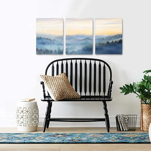 Vista 3 de Decoración de pared para dormitorio, 3 paneles, estampado de bosque brumoso con salida del sol, arte de pared para sala de estar, baño, lienzo