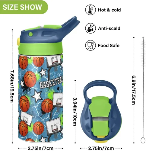 Vista 3 de Stars Basketball - Botella de agua aislada para niños y niñas con tapa de pajilla, vaso de acero inoxidable de 12 onzas, a prueba de fugas, sin BPA