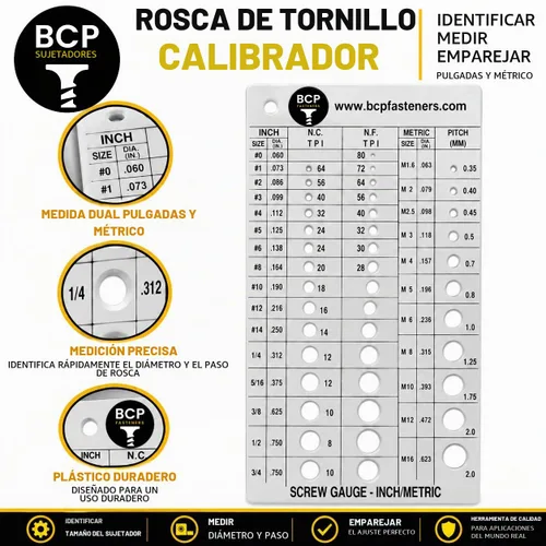Vista 3 de Medidor de rosca de tornillo Métrico y SAE Recomienda el tamaño de broca y macho de roscar (BCP675)