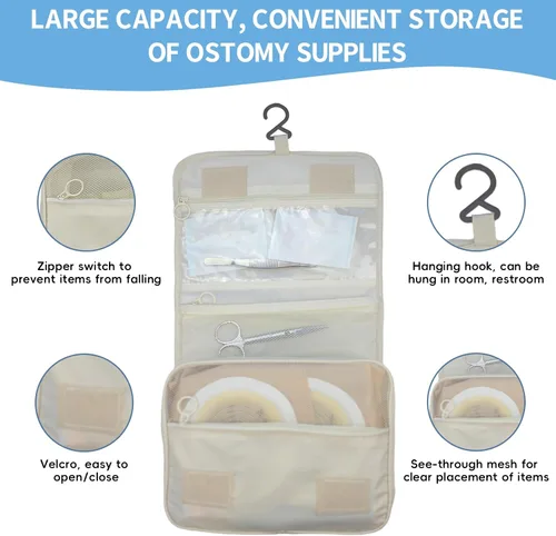 Vista 4 de Exquisita bolsa de viaje para suministros de ostomía y colostomía, la mejor opción para personas postoperatorias, con configuración colgante y Beige