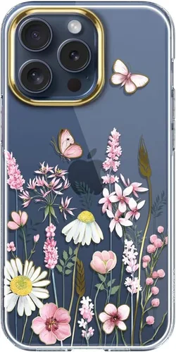 Vista 7 de luolnh Funda compatible con iPhone 15 Pro, para mujeres y niñas, a prueba de golpes, transparente, patrón floral, carcasa trasera dura para iPhone