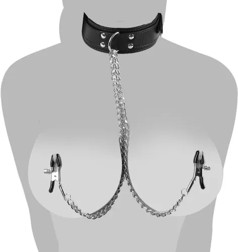Vista 2 de Abrazaderas de pezón de fantasía Clips de cadena de metal arnés de cuerpo joyería pezón juguetes con cuello y amor coqueteo coqueteo cuero mano