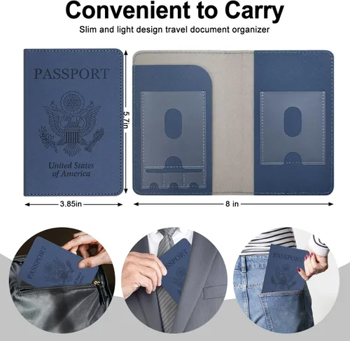 Vista 4 de RSAquar Soporte para pasaporte para mujeres y hombres, de piel sintética de alta calidad, cartera de pasaporte de viaje, con bloqueo RFID, cubierta