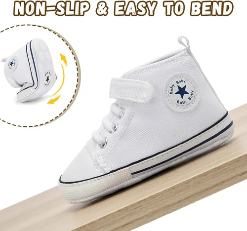 Vista 4 de BACSAC Zapatos altos de lona para bebés y niñas recién nacidos, zapatos deportivos para primeros pasos con gancho y bucle, transpirables, ligeros