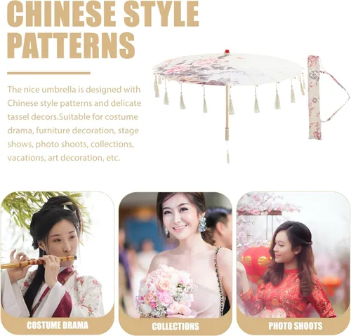Vista 2 de Homoyoyo Sombrilla de tela con patrón de flores, sombrilla de tela de seda japonesa china con bolsa de borlas, kimono Hanfu, suministros de disfraz