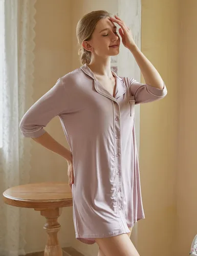 Vista 3 de Clocly Camisones para mujer, camisa de noche con botones, manga 34, cuello en V, ropa de dormir