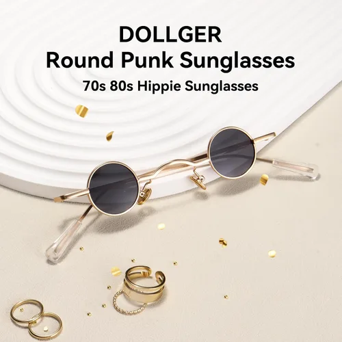 Vista 2 de Dollger Gafas de sol polarizadas punk de los años 70, diseño de círculo hippie, Negro