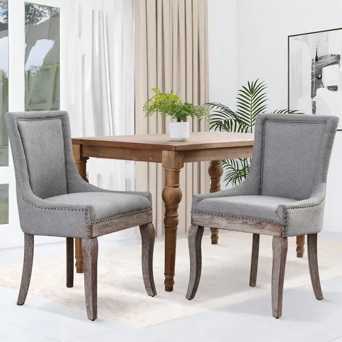 Vista 8 de Juego de 2 sillas de comedor, sillas tapizadas de cocina y comedor, sillas de tela gruesa con patas de madera maciza de tonos neutros, cabeza