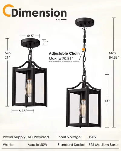 Vista 6 de Lámpara Colgante para Exteriores, 14" Luz Colgante Moderna Grande para Porche con Cadena Ajustable, Linterna Colgante Exterior Negra con Vidrio