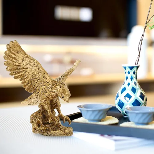 Vista 2 de Estatua de águila de resina, figuras de águila calva, doradas, doradas, vintage, águila, escultura, Fengshui, figuras de animales, oficina, hogar