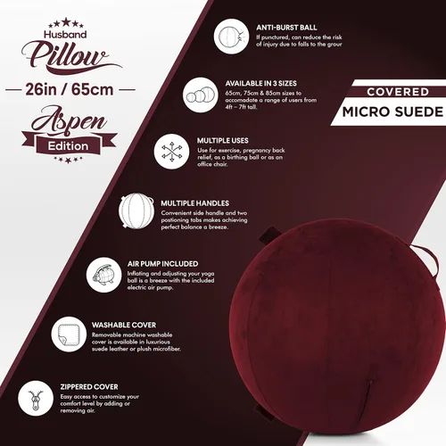 Vista 3 de Husband Pillow Exercise Ball, Cover with Pump for Yoga, Pilates, Fitness Balance Stability, Office Ball Chair Seat. Soft & Slip Resistant, Pro Guide