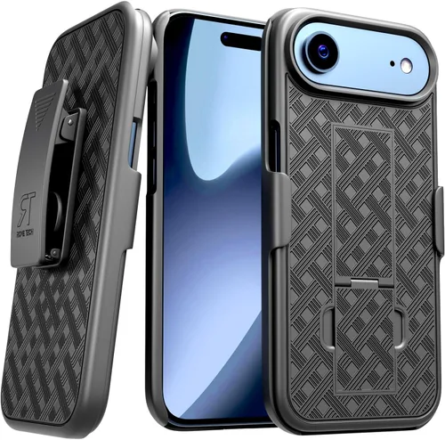 Vista 12 de Funda diseñada para iPhone 15 con funda de clip para cinturón, funda con función atril, color negro