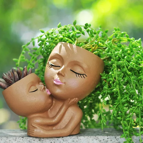 Vista 6 de Macetas faciales con cabeza lindas macetas para plantas de interior, macetas de cabeza de resina, macetas suculentas con orificio de drenaje (negro)