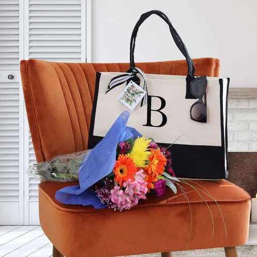 Vista 4 de Personalized Gift Monogram Initial 100% Cotton Two Tone Chic Tote Bag with Customize Option - Black