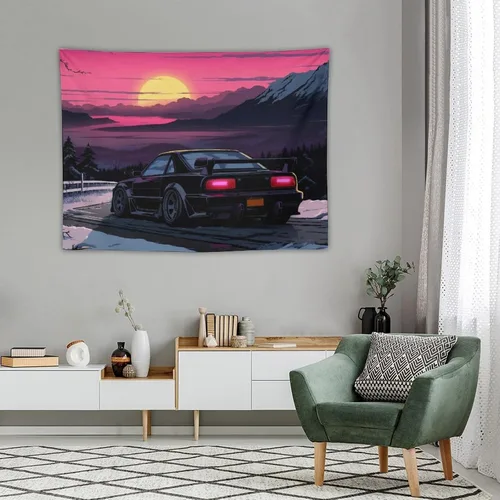 Vista 4 de QEOPGNE Tapiz de pared grande Jdm Anime Sunset Japanese Car S13, tapiz de pared para dormitorio, sala de estar, decoración estética, tapices de 30 x