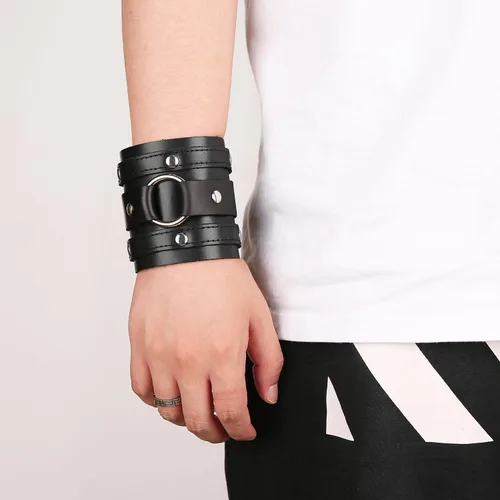 Vista 2 de HZMAN Brazalete ancho gótico punk rock biker pulsera de cuero con correa ancha, Cuero