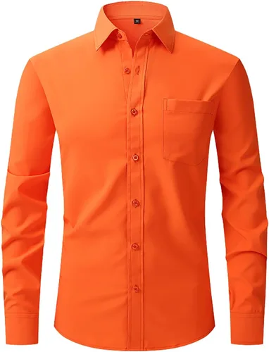 Vista 7 de Camisas de vestir de ajuste regular para hombre, de manga larga, elásticas, sin arrugas, con botones, blusa formal ligera y sólida