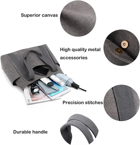 Vista 6 de Bolso de lona para mujer, multibolsillo, estilo retro, casual, con asa superior, bolso de mano
