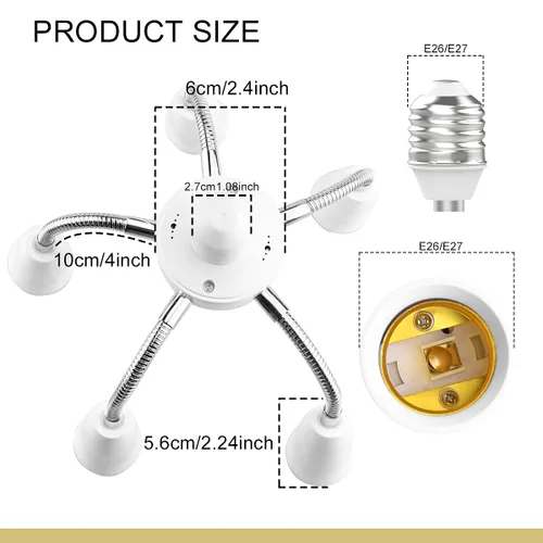 Vista 2 de 6 en 1 E26 E27 adaptador divisor de bombilla soporte de lámpara manguera de extensión convertidor de base giratoria ajustable de 360 grados