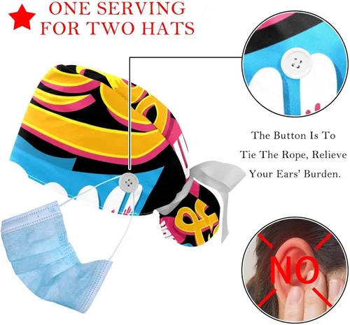 Vista 3 de Colorful Zodiac Pattern Navy Background 2 Pcs Adjustable Bouffant Hats with Buttons and Sweatband Ribbon Head Tie Covers