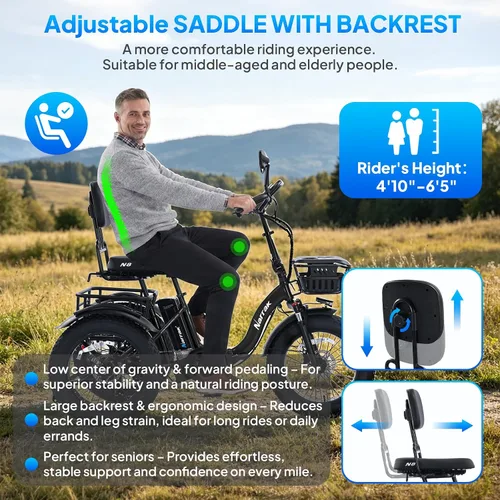 Vista 5 de NARRAK Triciclo eléctrico para adultos, triciclo eléctrico plegable con neumáticos gruesos, bicicletas eléctricas de 3 ruedas, pico de 1350 W