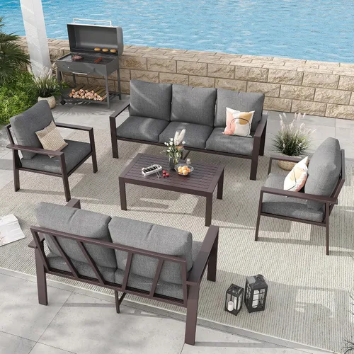 Vista 9 de Juego de muebles de aluminio para exteriores para todo tipo de clima, sofá seccional con mesa auxiliar y cojines con fundas extraíbles para terraza