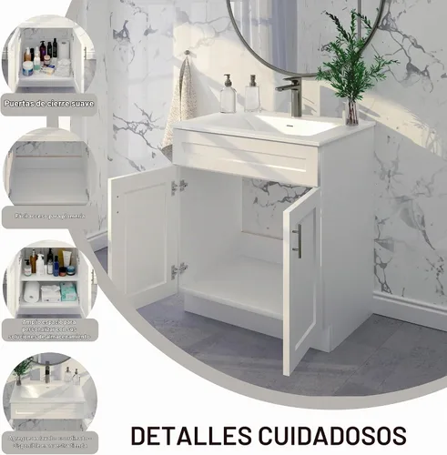Vista 4 de Lavabo de baño blanco con base de coctelera de 24"/30"/36" de ancho, armario listo para montar (30" de ancho)
