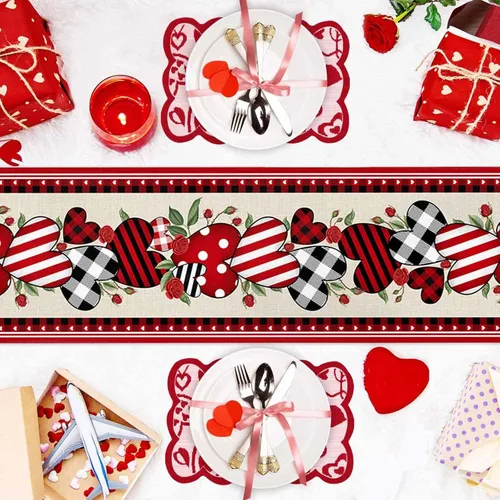 Vista 5 de Camino de mesa de corazón de amor para el día de San Valentín, camino de mesa de arpillera antideslizante, decoración retro de lino para casa