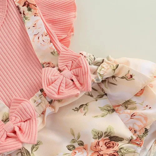 Vista 5 de Socutebabe Traje de bebé niña con estampado floral, vestido para recién nacido, con volantes, lindo traje de verano y diadema