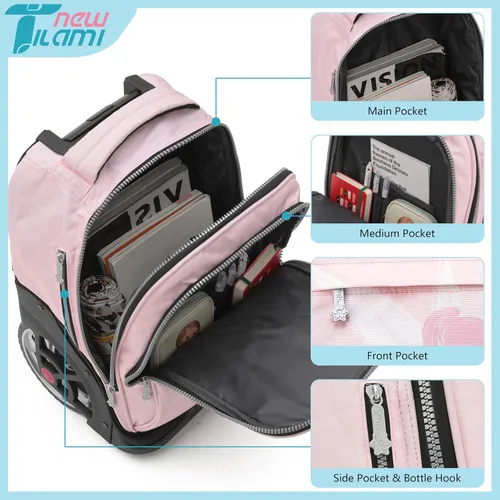 Vista 99 de NEW TILAMI Mochila con ruedas de 19 pulgadas con bolsa de almuerzo para niñas y niños, mochila para laptop con ruedas, bolsa de mano duradera