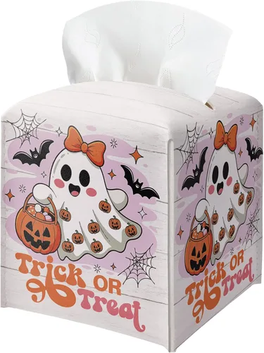 Vista 9 de Soporte para caja de pañuelos de Halloween con tapa cuadrada de cuero negro, organizador de papel facial, dispensador de papel higiénico para baño