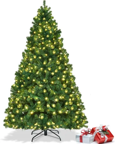 Vista 27 de COSTWAY Árbol de Navidad flocado de nieve de 6 pies, pino artificial con bisagras Blanco