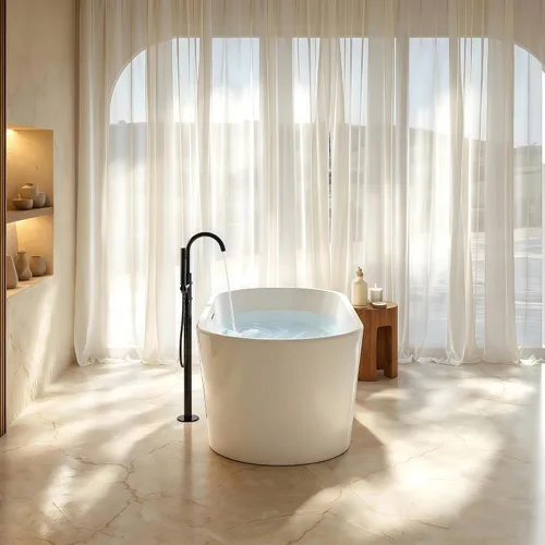 Vista 2 de Bañera independiente de 59", bañera independiente de acrílico puro, elegante bañera independiente contemporánea de remojo profundo, certificada cUPC