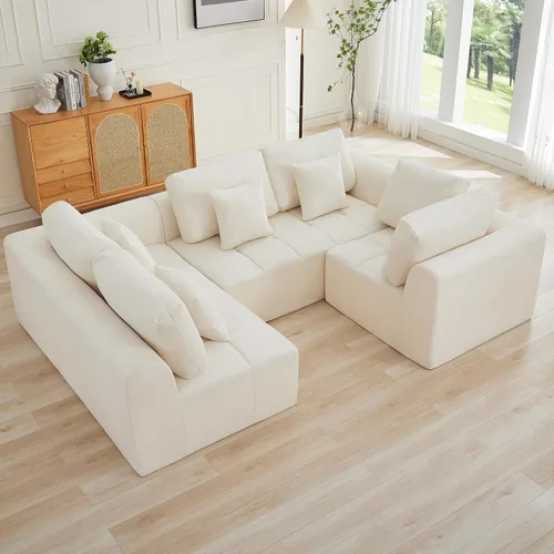 Vista 33 de Sofás seccionales modulares de 110 pulgadas para sala de estar, sofá seccional comprimido sin hueso, sofá de espuma viscoelástica tapizado de 3 Beige