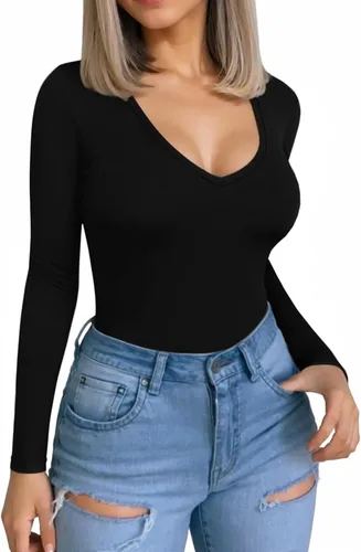 Vista 2 de MANGOPOP Camiseta de manga larga con cuello en V para mujer, ajustada, camiseta tipo túnica