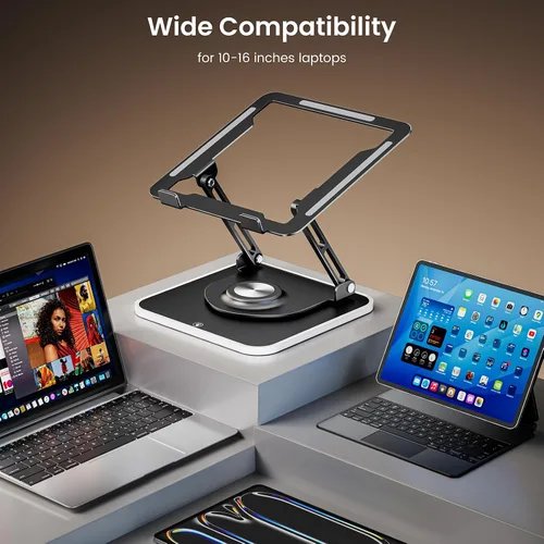 Vista 5 de Soporte para portátil RGB para escritorio, base giratoria de 360°, elevador ergonómico para laptop, soporte de aluminio ajustable en altura