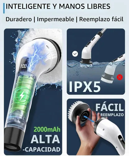 Vista 4 de Limpiador eléctrico giratorio inalámbrico – 3 velocidades recargable, mango ajustable y desmontable, cabezales de cepillo 9 en 1, cepillos
