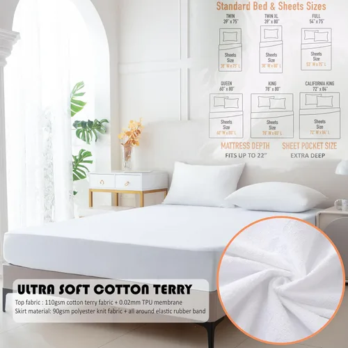 Vista 4 de Protector de colchón de rizo de algodón de alta calidad, 100% impermeable, ultrasuave y transpirable, funda de cama refrescante sin ruido, lavable a