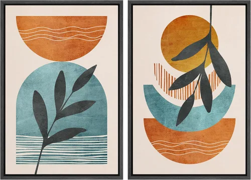 Vista 53 de IDEA4WALL Lienzo Enmarcado Impreso Arte de Pared Set Paisaje de Hojas de Palma de Selva de Mediados de Siglo Naturaleza Silvestre Ilustraciones Arte
