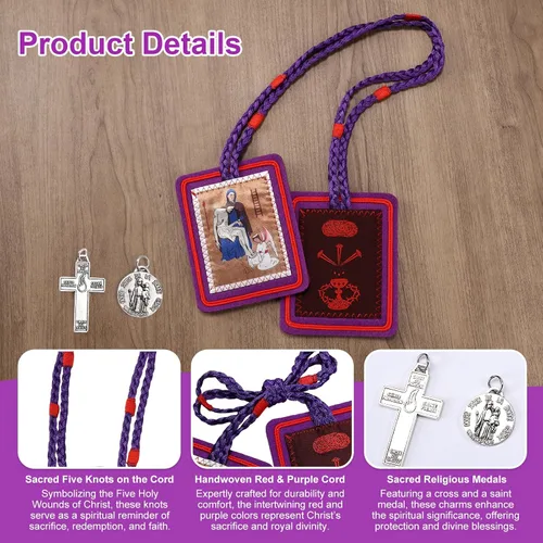 Vista 3 de TALPGOD Púrpura Escapularios Católicos Escapulario Católico Marie Julie Jahenny de Bendición con Protección Cruz del Perdón y Medalla de Nuestra