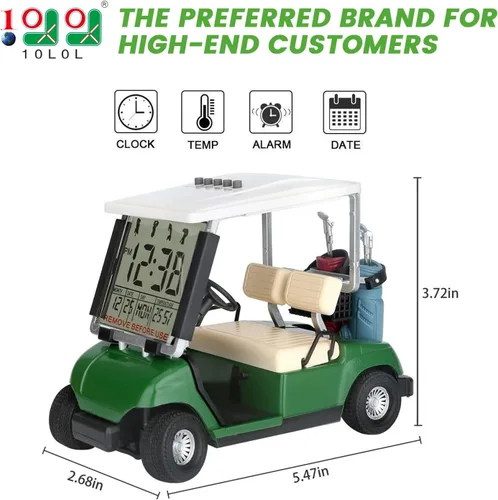 Vista 2 de 10L0L Mini carrito de golf, despertador, pantalla LCD, calendario, regalos de golf para hombres, aficionados, golfistas, recuerdo de carrera Verde