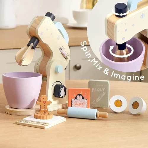 Vista 2 de PairPear Mezclador de juguete de madera para niños, mezclador de cocina con cuenco y accesorios para hornear, juguete de electrodomésticos de cocina